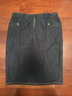 Dark Stretch Denim Pencil Skirt with Front Pockets